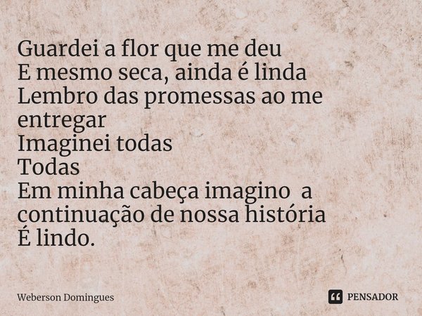 ⁠Guardei a flor que me deu
E mesmo seca, ainda é linda
Lembro das promessas ao me entregar
Imaginei todas
Todas
Em minha cabeça imagino a continuação de nossa h... Frase de Weberson Domingues.