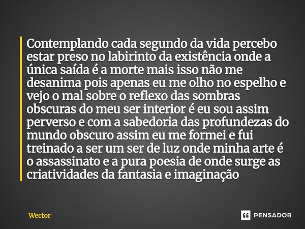 Contemplando cada segundo da vida percebo estar preso no labirinto da existência onde a única saída é a morte mais isso não me desanima pois apenas eu me olho ... Frase de Wector.