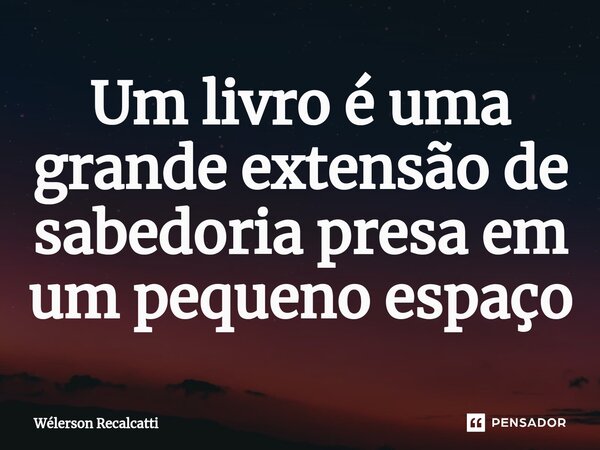 ⁠Um livro é uma grande extensão de sabedoria presa em um pequeno espaço... Frase de Wélerson Recalcatti.