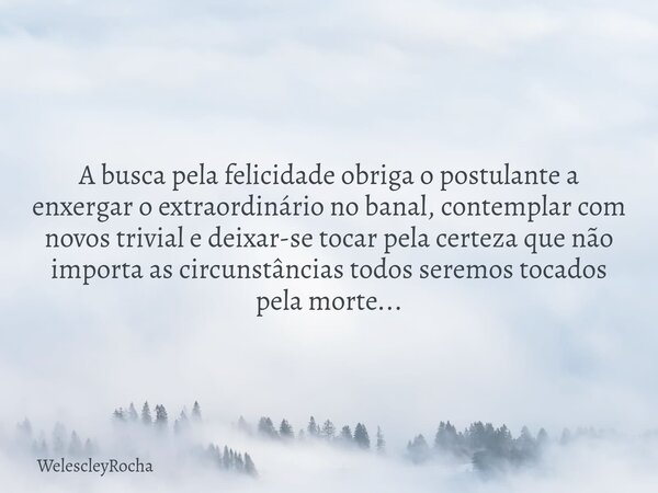 A busca pela felicidade obriga o postulante a enxergar o extraordinário no banal, contemplar com novos trivial e deixar-se tocar pela certeza que não importa as... Frase de WelescleyRocha.