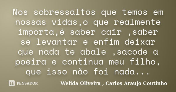 Nos sobressaltos que temos em nossas vidas,o que realmente importa,é saber cair ,saber se levantar e enfim deixar que nada te abale ,sacode a poeira e continua ... Frase de Welida Oliveira , Carlos Araujo Coutinho.