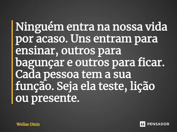 ⁠Ninguém entra na nossa vida por acaso. Uns entram para ensinar, outros para bagunçar e outros para ficar. Cada pessoa tem a sua função. Seja ela teste, lição o... Frase de Wellas Diniz.
