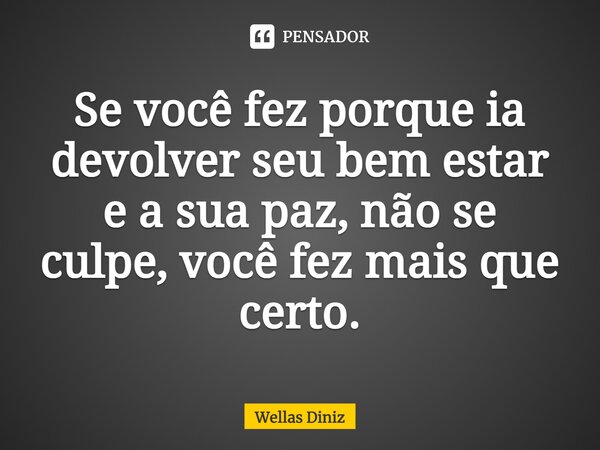 ⁠Se você fez porque ia devolver seu bem estar e a sua paz, não se culpe, você fez mais que certo.... Frase de Wellas Diniz.