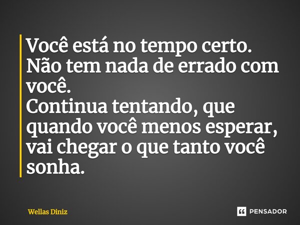 ⁠Você está no tempo certo. Não tem nada de errado com você. Continua tentando, que quando você menos esperar, vai chegar o que tanto você sonha.... Frase de Wellas Diniz.