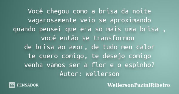 Você chegou como a brisa da noite vagarosamente veio se aproximando quando pensei que era so mais uma brisa , você então se transformou de brisa ao amor, de tud... Frase de WellersonPaziniRibeiro.