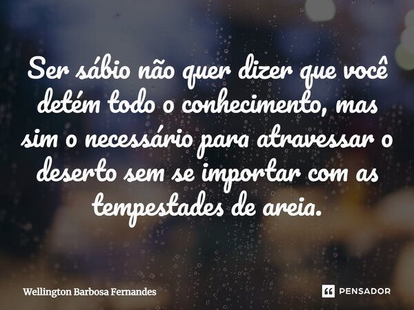 ⁠Ser sábio não quer dizer que você detém todo o conhecimento, mas sim o necessário para atravessar o deserto sem se importar com as tempestades de areia.... Frase de Wellington Barbosa Fernandes.