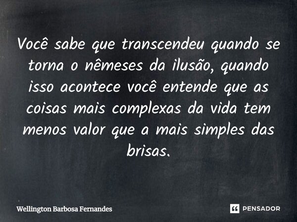 ⁠Você sabe que transcendeu quando se torna o nêmeses da ilusão, quando isso acontece você entende que as coisas mais complexas da vida tem menos valor que a mai... Frase de Wellington Barbosa Fernandes.