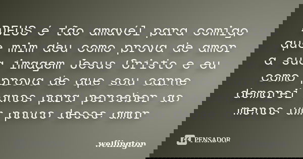 DEUS é tão amavél para comigo que mim deu como prova de amor a sua imagem Jesus Cristo e eu como prova de que sou carne demorei anos para perceber ao menos um p... Frase de Wellington.