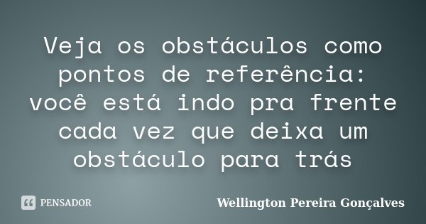 Veja os obstáculos como pontos de referência: você está indo pra frente cada vez que deixa um obstáculo para trás... Frase de Wellington Pereira Gonçalves.