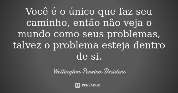 Você é o único que faz seu caminho, então não veja o mundo como seus problemas, talvez o problema esteja dentro de si.... Frase de Wellington Pereira Desideri.