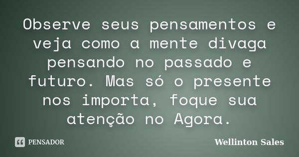 Observe seus pensamentos e veja como a mente divaga pensando no passado e futuro. Mas só o presente nos importa, foque sua atenção no Agora.... Frase de Wellinton Sales.