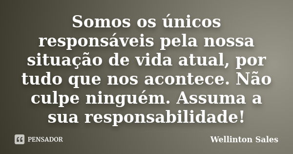 Somos os únicos responsáveis pela nossa situação de vida atual, por tudo que nos acontece. Não culpe ninguém. Assuma a sua responsabilidade!... Frase de Wellinton Sales.