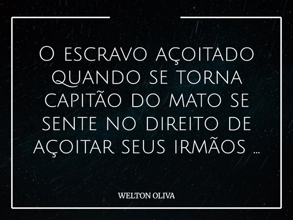 O escravo açoitado quando se torna capitão do mato se sente no direito de açoitar seus irmãos ...... Frase de WELTON OLIVA.