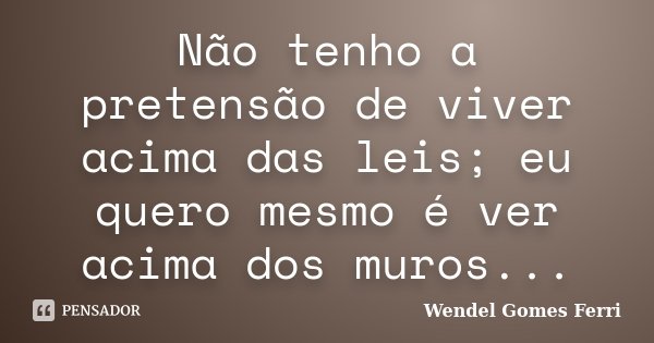 Não tenho a pretensão de viver acima das leis; eu quero mesmo é ver acima dos muros...... Frase de Wendel Gomes Ferri.