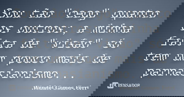 Sou tão "cego" quanto os outros; a minha falta de "visão" só tem um pouco mais de parnasianismo...... Frase de Wendel Gomes Ferri.
