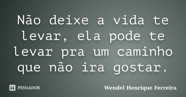 Não deixe a vida te levar, ela pode te levar pra um caminho que não ira gostar.... Frase de Wendel Henrique Ferreira.