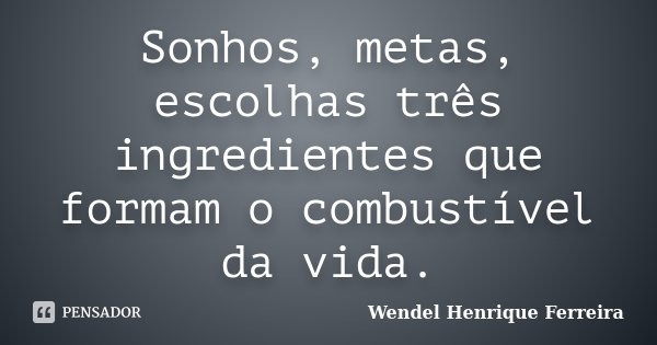 Sonhos, metas, escolhas três ingredientes que formam o combustível da vida.... Frase de Wendel Henrique Ferreira.