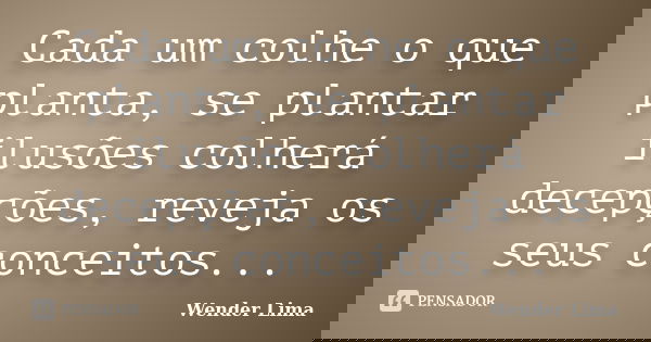 Cada um colhe o que planta, se plantar ilusões colherá decepções, reveja os seus conceitos...... Frase de Wender Lima.