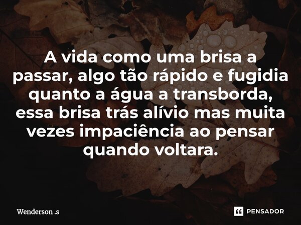 A vida como uma brisa a passar, algo tão rápido e fugidia quanto a água a transborda, essa brisa trás alívio mas muita vezes impaciência ao pensar quando voltar... Frase de Wenderson .s.