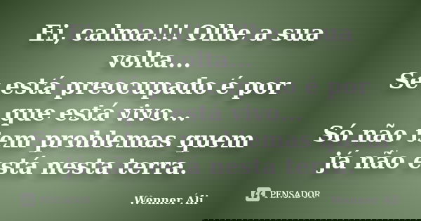 Ei, calma!!! Olhe a sua volta... Se está preocupado é por que está vivo... Só não tem problemas quem já não está nesta terra.... Frase de Wenner Áli.