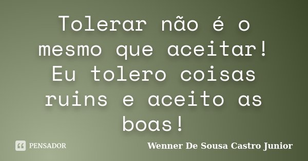 Tolerar não é o mesmo que aceitar! Eu tolero coisas ruins e aceito as boas!... Frase de Wenner De Sousa Castro Junior.