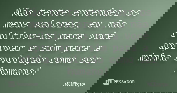 Não tente entender os meus valores, eu não cultivo-os para você aprovar e sim para a minha evolução como ser humano!... Frase de W.Ercya.