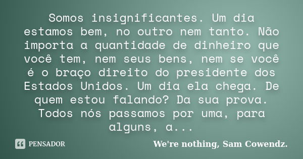 Somos insignificantes. Um dia estamos bem, no outro nem tanto. Não importa a quantidade de dinheiro que você tem, nem seus bens, nem se você é o braço direito d... Frase de We're nothing, Sam Cowendz..