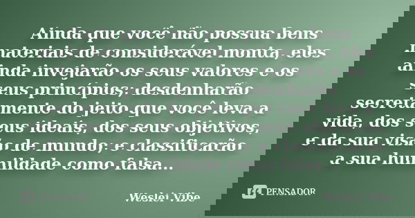 Ainda que você não possua bens materiais de considerável monta, eles ainda invejarão os seus valores e os seus princípios; desdenharão secretamente do jeito que... Frase de Weslei Vibe.
