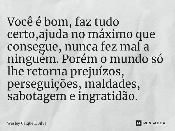 ⁠Você é bom, faz tudo certo,ajuda no máximo que consegue, nunca fez mal a ninguém. Porém o mundo só lhe retorna prejuízos, perseguições, maldades, sabotagem e i... Frase de Wesley Caique E Silva.