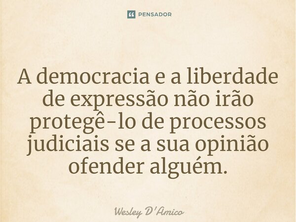 ⁠A democracia e a liberdade de expressão não irão protegê-lo de processos judiciais se a sua opinião ofender alguém.... Frase de Wesley D'Amico.