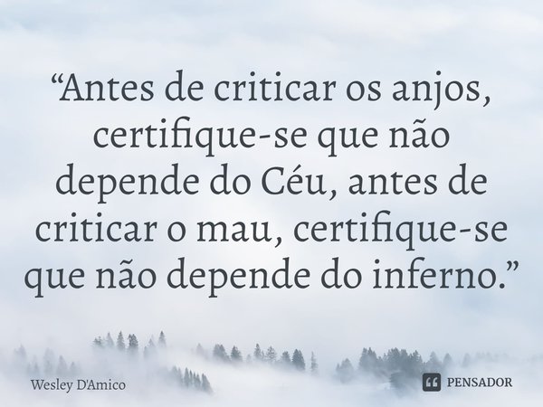 ⁠“Antes de criticar os anjos, certifique-se que não depende do Céu, antes de criticar o mau, certifique-se que não depende do inferno.”... Frase de Wesley D'Amico.