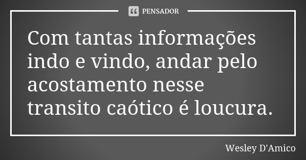 Com tantas informações indo e vindo, andar pelo acostamento nesse transito caótico é loucura.... Frase de Wesley D'Amico.