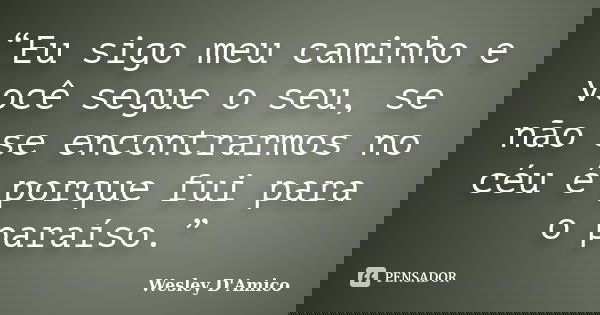 “Eu sigo meu caminho e você segue o seu, se não se encontrarmos no céu é porque fui para o paraíso.”... Frase de Wesley D'Amico.