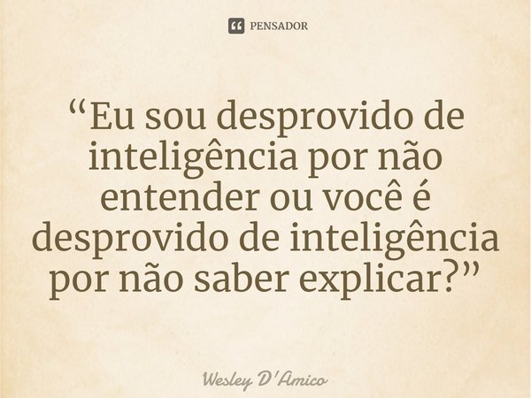 ⁠“Eu sou desprovido de inteligência por não entender ou você é desprovido de inteligência por não saber explicar?”... Frase de Wesley D'Amico.
