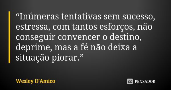 “Inúmeras tentativas sem sucesso, estressa, com tantos esforços, não conseguir convencer o destino, deprime, mas a fé não deixa a situação piorar.”... Frase de Wesley D'Amico.