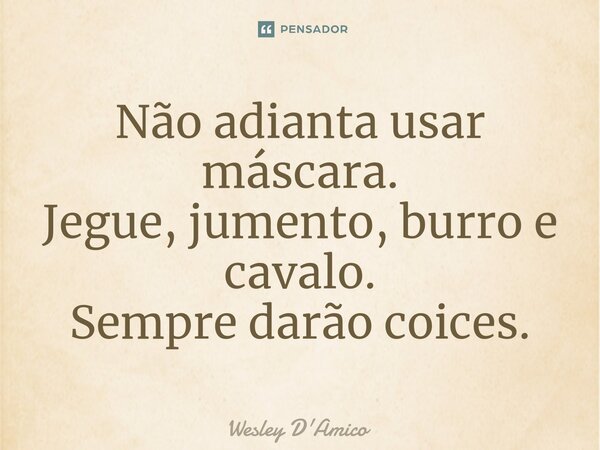 ⁠Não adianta usar máscara. Jegue, jumento, burro e cavalo. Sempre darão coices.... Frase de Wesley D'Amico.