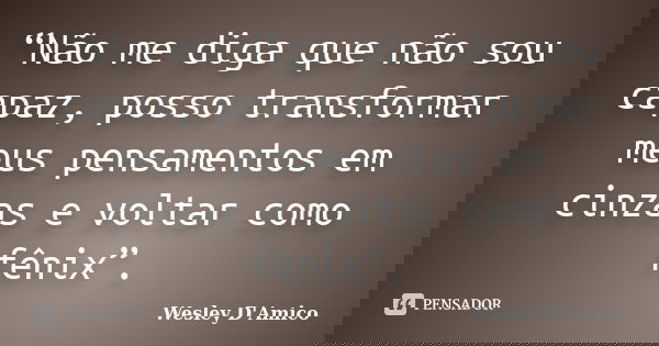 “Não me diga que não sou capaz, posso transformar meus pensamentos em cinzas e voltar como fênix”.... Frase de Wesley D'Amico.