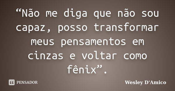 “Não me diga que não sou capaz, posso transformar meus pensamentos em cinzas e voltar como fênix”.... Frase de Wesley D'Amico.