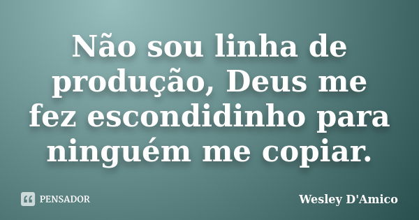 Não sou linha de produção, Deus me fez escondidinho para ninguém me copiar.... Frase de Wesley D'Amico.