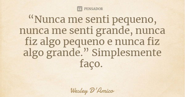 “Nunca me senti pequeno, nunca me senti grande, nunca fiz algo pequeno e nunca fiz algo grande.” Simplesmente faço.... Frase de Wesley D'Amico.