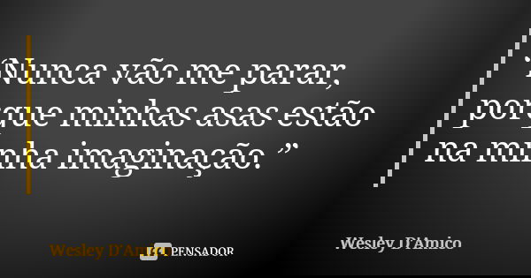 “Nunca vão me parar, porque minhas asas estão na minha imaginação.”... Frase de Wesley D'Amico.