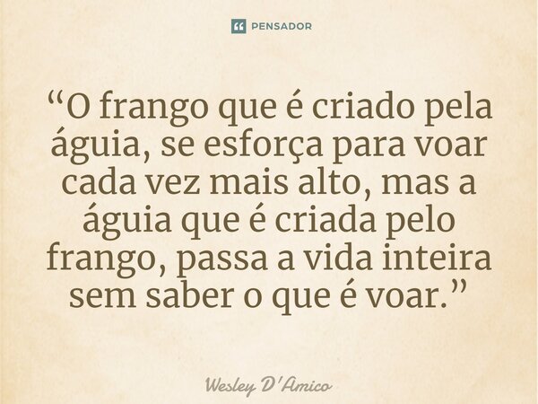 ⁠“O frango que é criado pela águia, se esforça para voar cada vez mais alto, mas a águia que é criada pelo frango, passa a vida inteira sem saber o que é voar.”... Frase de Wesley D'Amico.