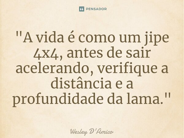 ⁠"A vida é como um jipe 4x4, antes de sair acelerando, verifique a distância e a profundidade da lama."... Frase de Wesley D'Amico.