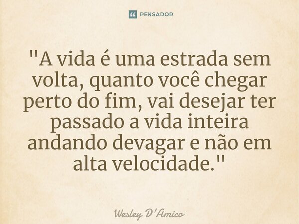 ⁠"A vida é uma estrada sem volta, quanto você chegar perto do fim, vai desejar ter passado a vida inteira andando devagar e não em alta velocidade."... Frase de Wesley D'Amico.