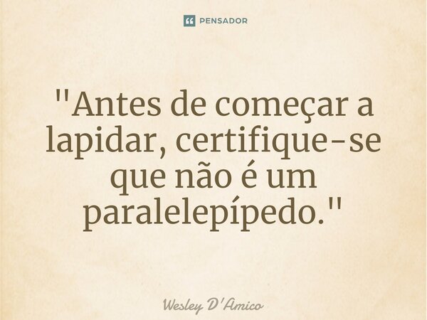 ⁠"Antes de começar a lapidar, certifique-se que não é um paralelepípedo."... Frase de Wesley D'Amico.