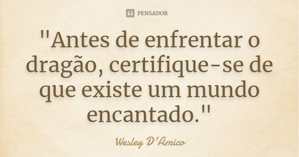 "Antes de enfrentar o dragão, certifique-se de que existe um mundo encantado."... Frase de Wesley D'Amico.