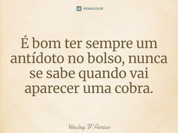 ⁠É bom ter sempre um antídoto no bolso, nunca se sabe quando vai aparecer uma cobra.... Frase de Wesley D'Amico.