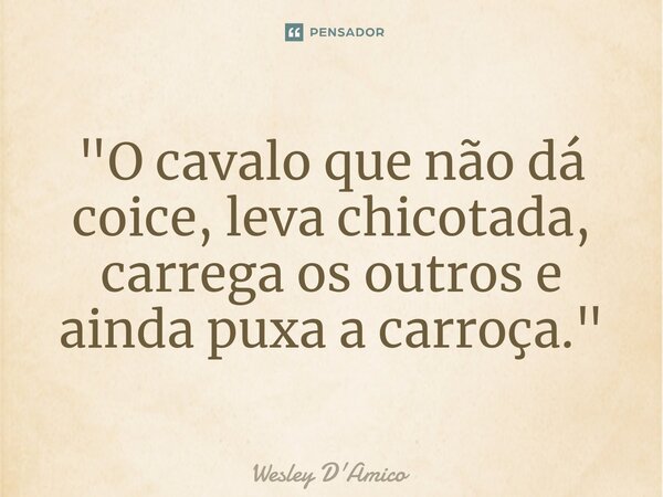 ⁠"O cavalo que não dá coice, leva chicotada, carrega os outros e ainda puxa a carroça."... Frase de Wesley D'Amico.