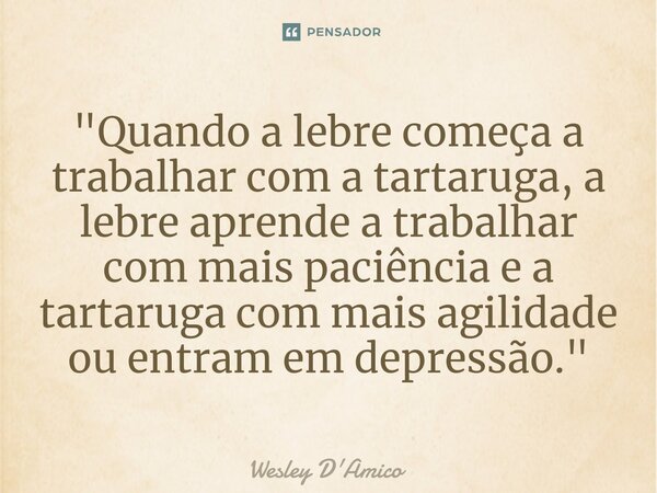 ⁠"Quando a lebre começa a trabalhar com a tartaruga, a lebre aprende a trabalhar com mais paciência e a tartaruga com mais agilidade ou entram em depressão... Frase de Wesley D'Amico.