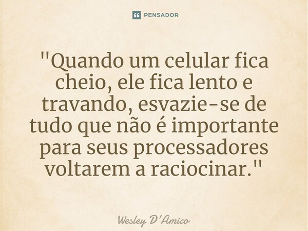 ⁠"Quando um celular fica cheio, ele fica lento e travando, esvazie-se de tudo que não é importante para seus processadores voltarem a raciocinar."... Frase de Wesley D'Amico.